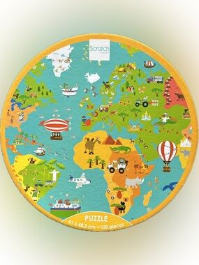 Kids Round World Map Puzzle - Yellow Border